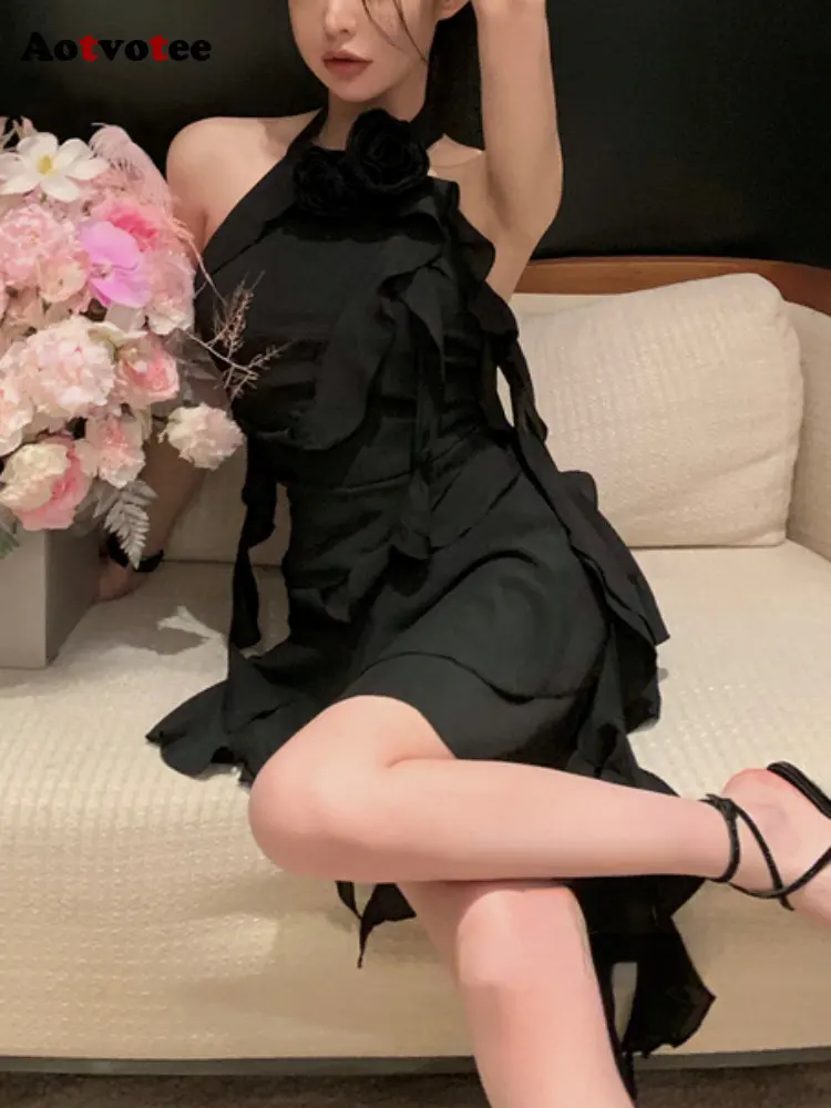

Aotvotee Sleeveless Dress for Women 2023 New Fashion Fairycore Backless Sexy Dress Chic Vintage Slim Neck Mounted Mini Dress