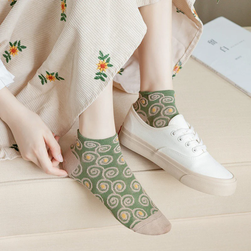 5Pair Ethnic Style Print Short Cotton Socks Women Vintage Harajuku Spring Summer Cool Socks Cute Streetwear Meia Feminina Sokken