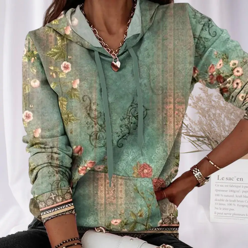 

Стильная толстовка с капюшоном, винтажные худи с цветочным рисунком для женщин, женская одежда с кулиской и накладным карманом на осень и весну, женская одежда с цветочным рисунком
