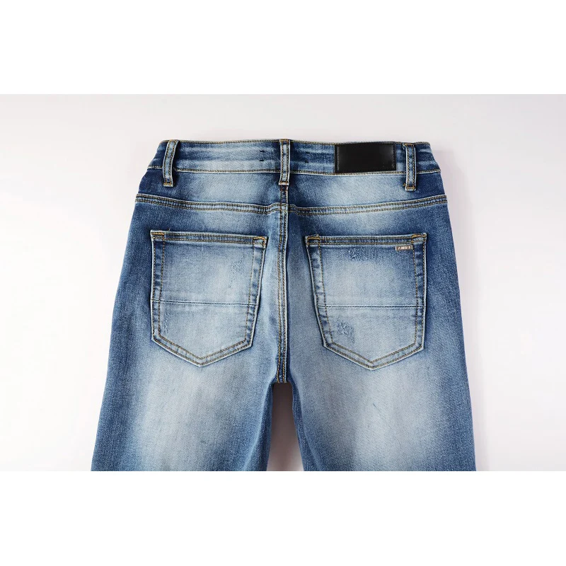 Men's Light Blue Distressed Slim Fit Streetwear Style Colorful Bandanna Patchwork Skinny Stretch Holes High Street Ripped Jeans