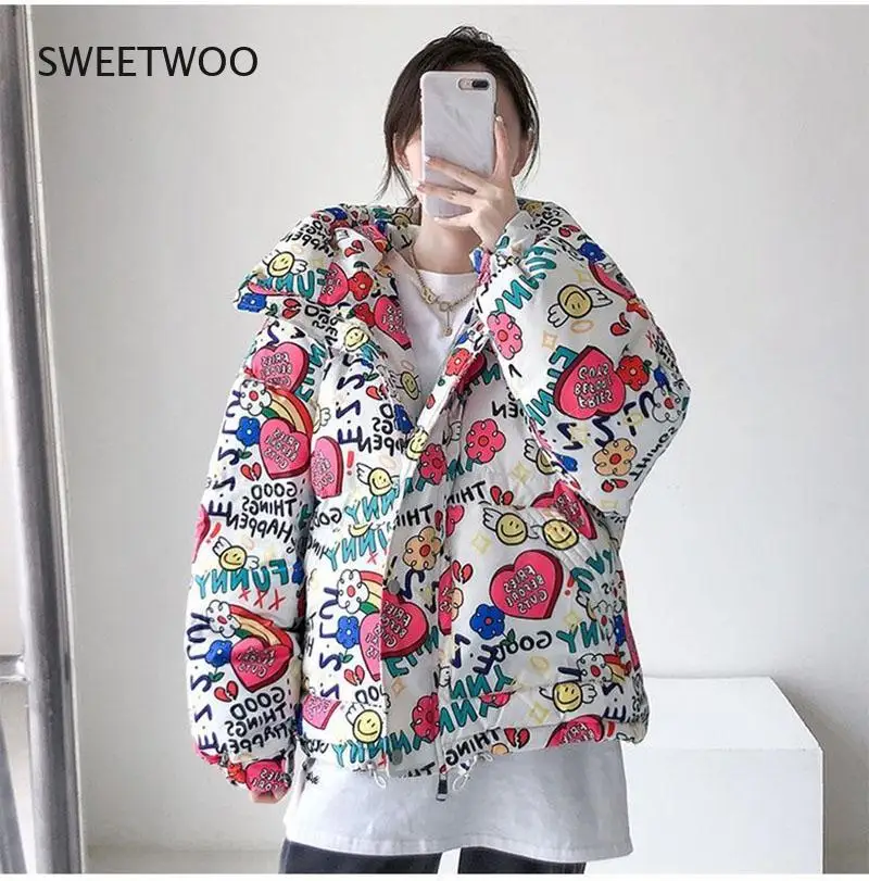 2022 Women Winter Jacket New  Cotton-Padded Women Short Jacket Printed Loose  Thickened Fashionable Student Trendy Jacket