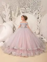 Luxury Blush Pink Flower Girl Dresses Silver Tulle Ball Gown Straight Neckline Spaghetti Straps Tiered Appliques Dress