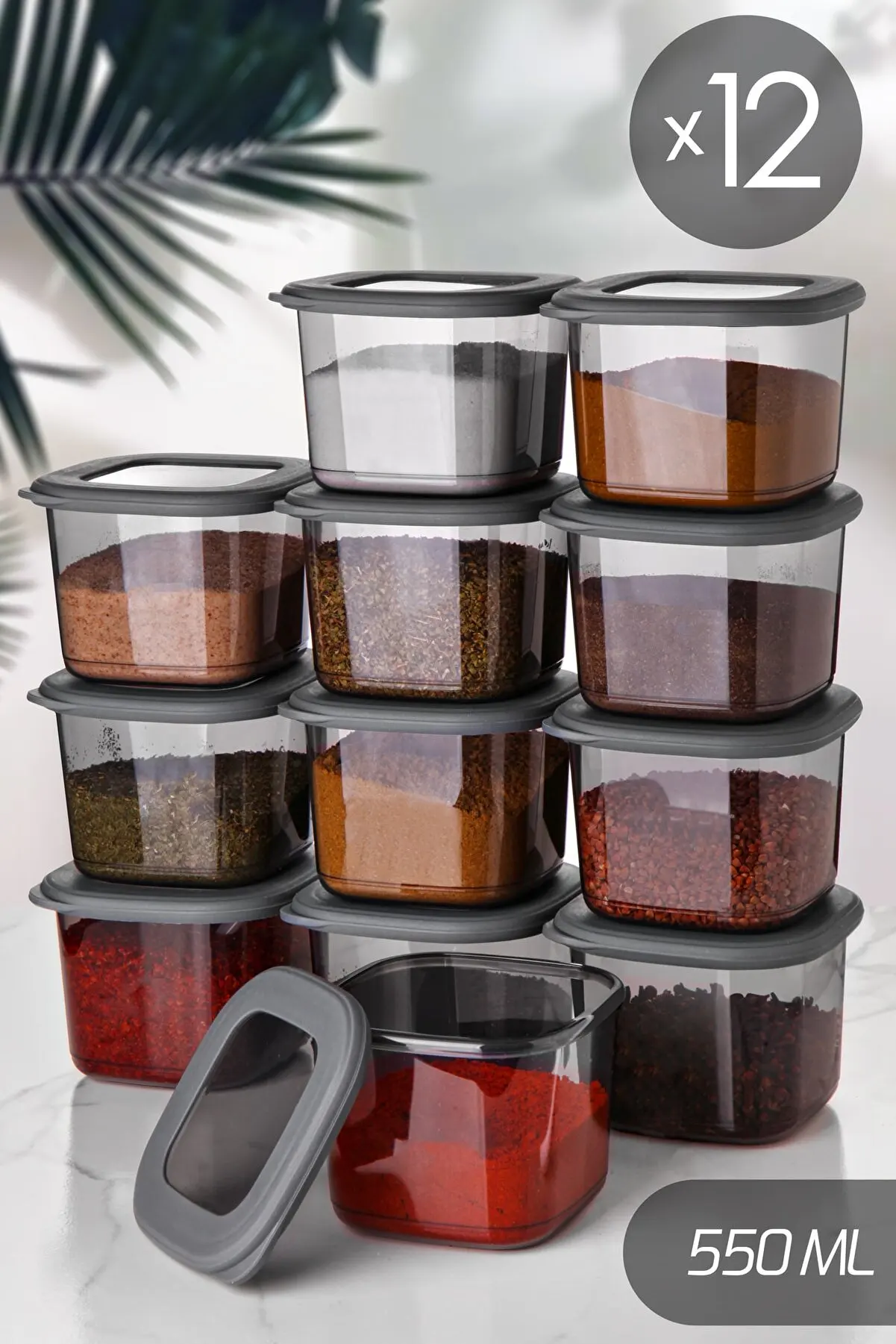 Spice Rack Set 12 PCs Anthracite 550 Ml 12 Li Storage Container Jar Set