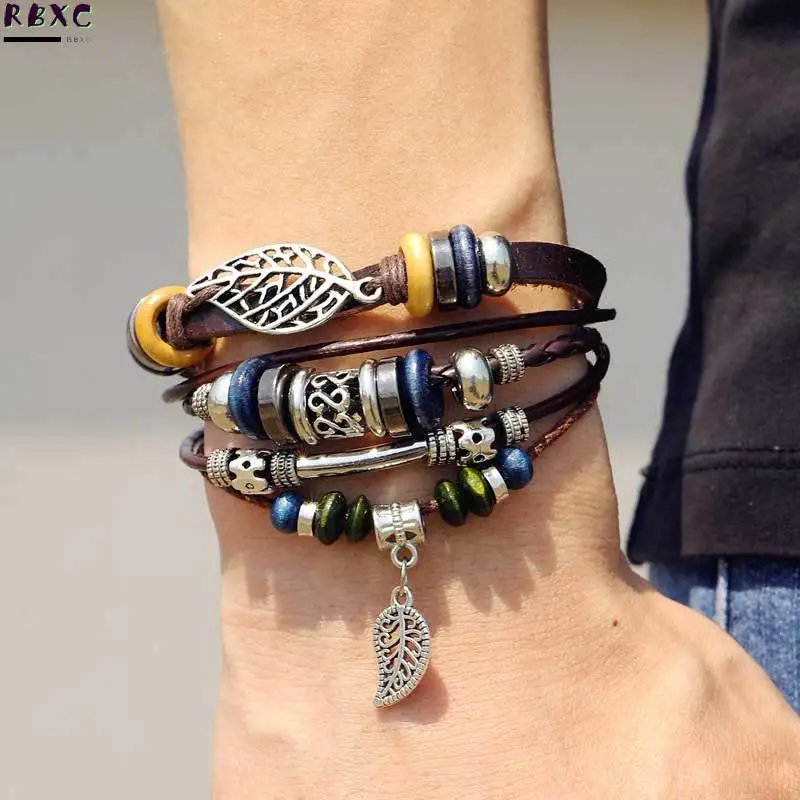 

RBXC Bohemian Design Wood Beads Charm Bracelet for Woman Men New Fashion Jewelry Wristband Female Leaves Leather Bracelets Boho