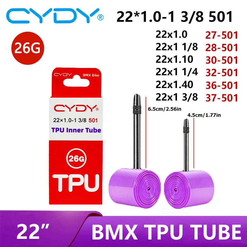 Фото Велосипедная камера CYDY TPU для BMX, 22 дюйма, серия 501, 22x1.0, различные размеры, FV 1 1/8 до 1 3/8, запчасти для велосипедных шин №2