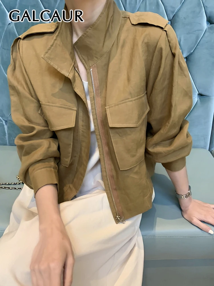 

GALCAUR Minimalist Patchwork Zipper Jackets For Women Lapel Long Sleeve Spliced Pockets Vintage Autumn Solid Coat Female 2023