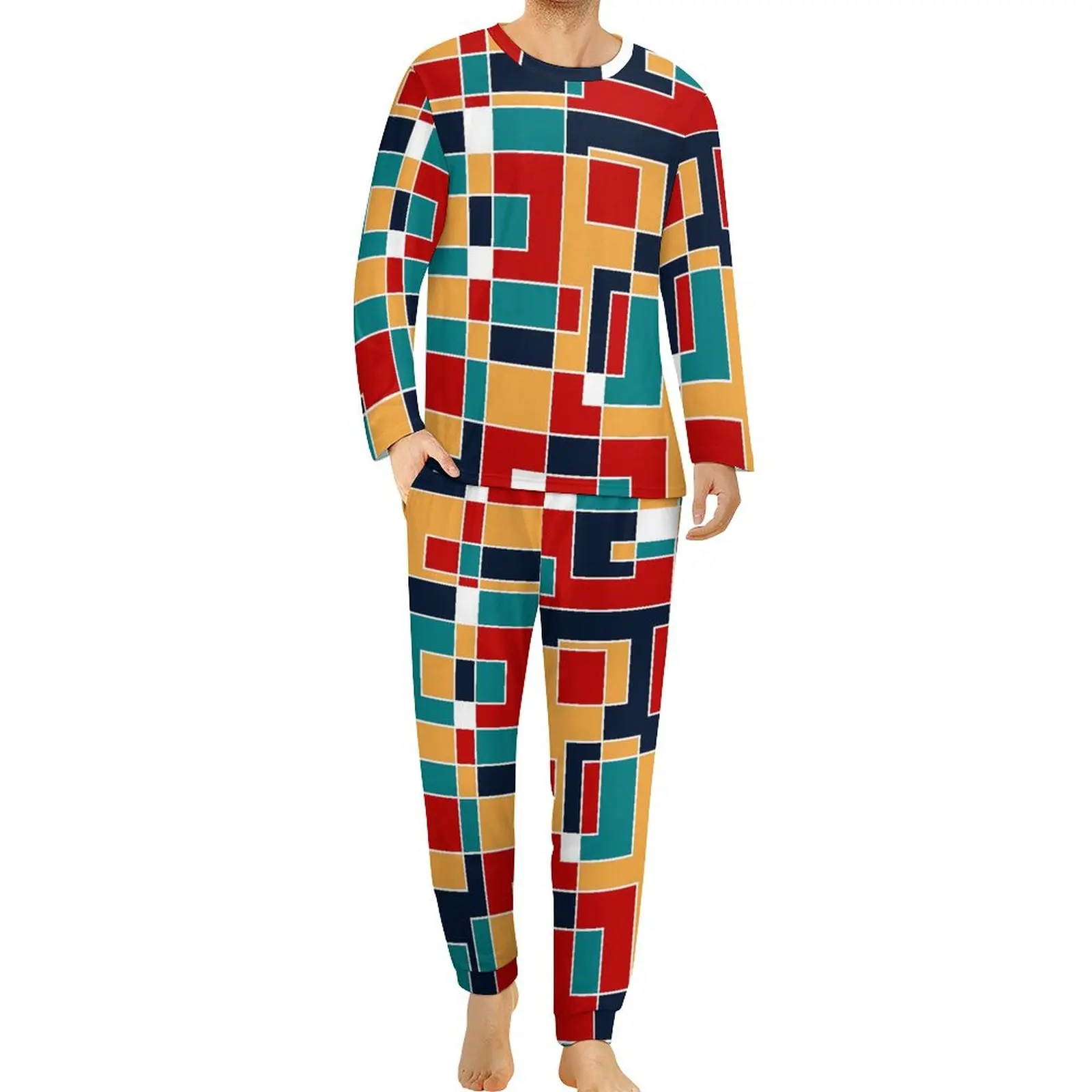 

De Stijl Pajamas Spring Mod Mondrian Casual Home Suit Mens 2 Pieces Design Long Sleeves Retro Oversize Pajamas Set