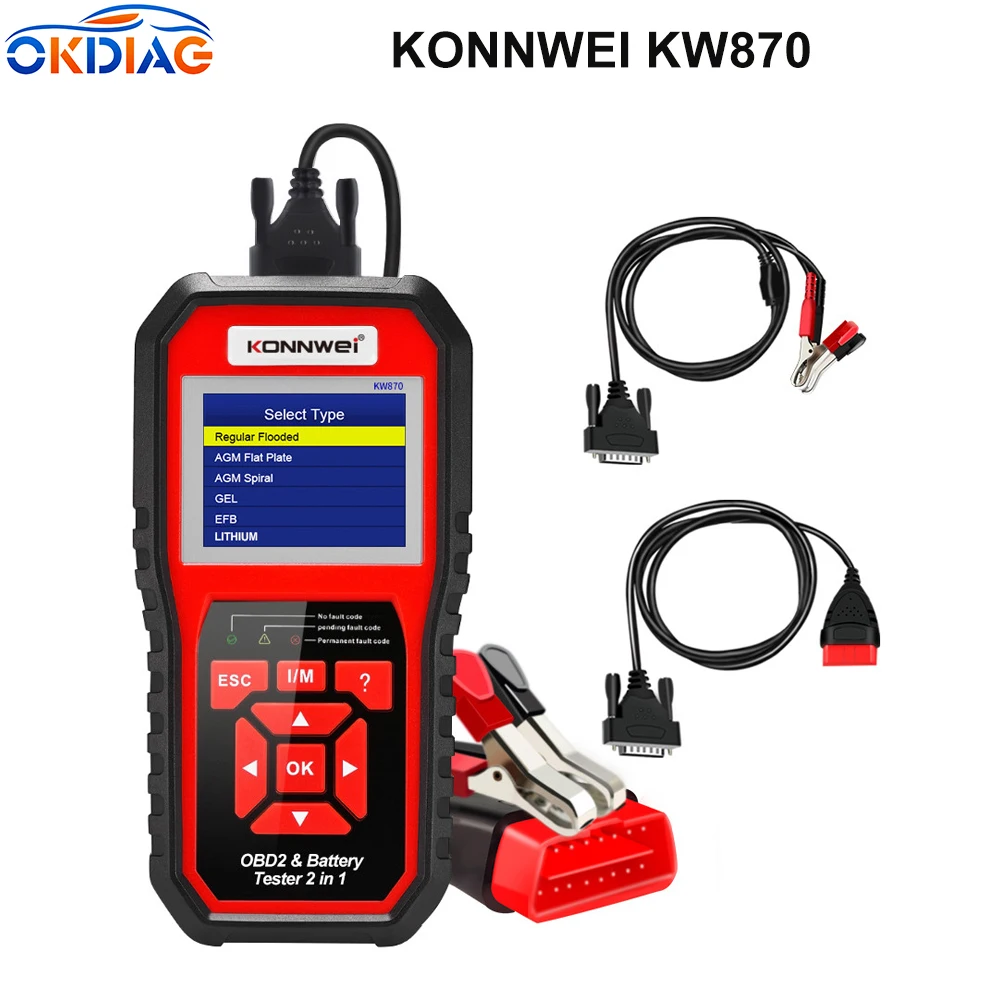 KONNWEI KW870 Car Motorcycle Battery Tester 12V OBDII Car Diagnosis Scanner 2in1 Cranking Charging Test Tool PK KW208 KW681