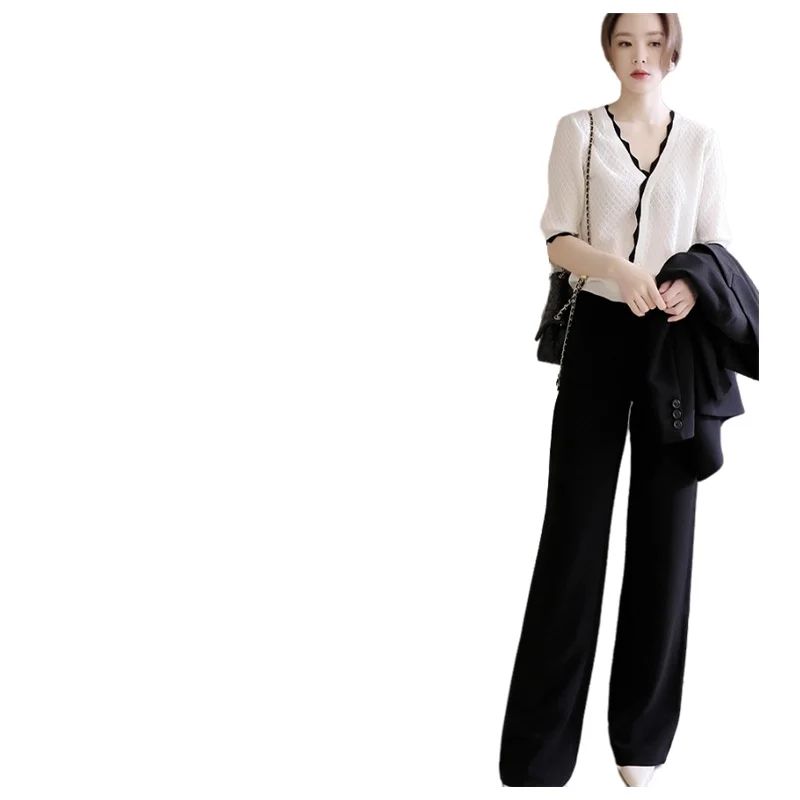 Trousers Wide Leg Women's Spring Autumn High Waist Extended Pants Opaque Draping Anti-Wrinkle Black OL Bootleg Type Pants