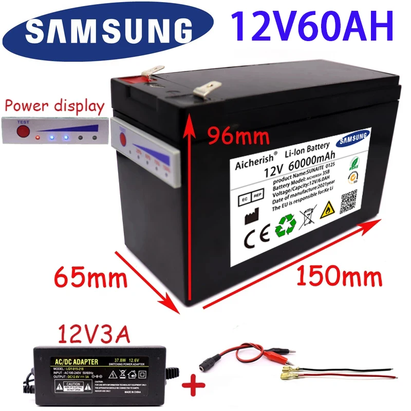 

NEW 12V 60Ah 18650 Lithium Battery Pack 3S6P Built-In High Current 30A BMS For Sprayers Electric Vehicle Batterie 12.6V Charger