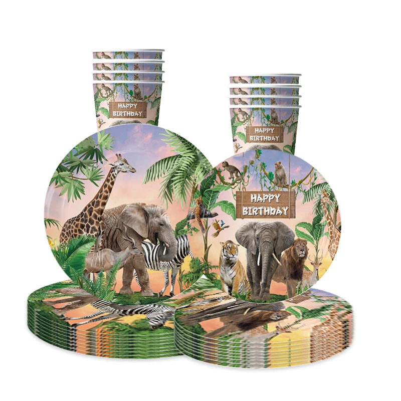 

10Guests Realistic Animals Jungle Theme Birthday Tableware Wild Animal Plates Cups Napkin Jungle Safari Animal Birthday Supplies