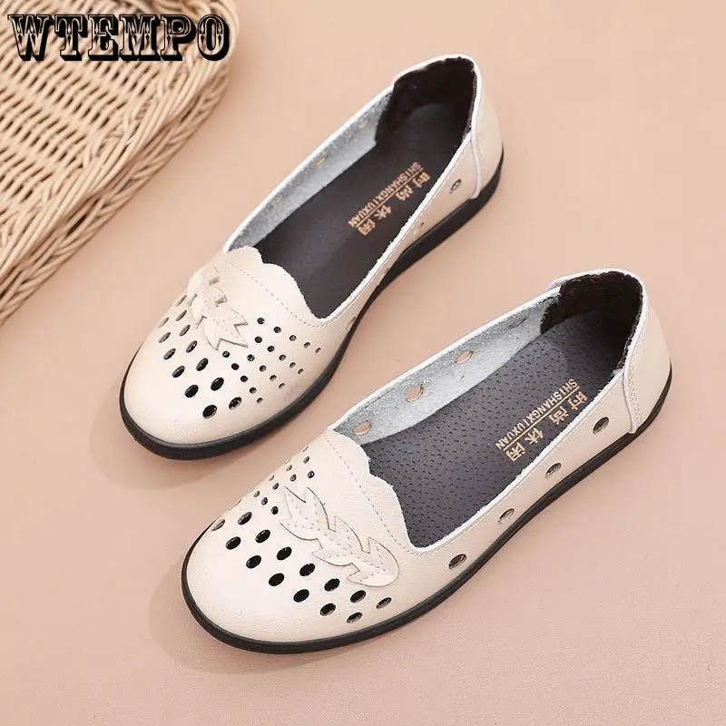 

WTEMPO Grandma Shoes Summer Hollow Out Loafers Women's Leather Moccasins Ladies Comfortable Slip on Shoes Wholesale Dropshipping