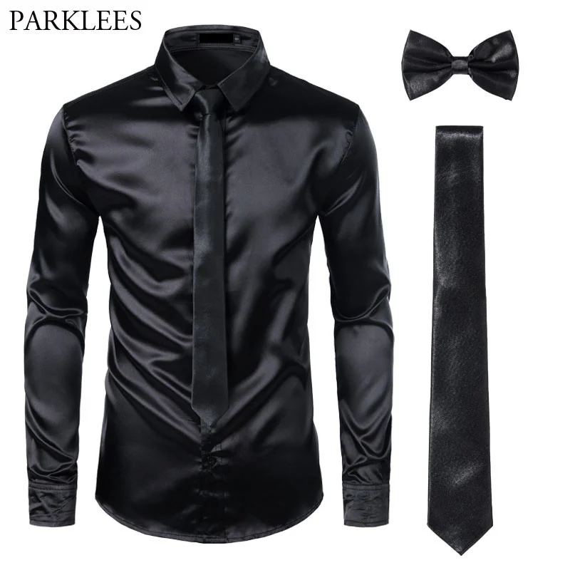 

Black Mens Silk Dress Shirts 3Pcs(Shirt +Tie+Bowtie) Smooth Satin Shirt Men Slim Fit Party Prom Casual Shirts Men Social Camisa