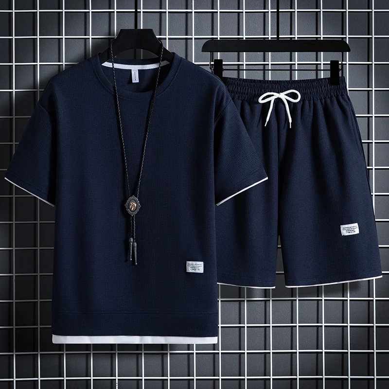 2023 Summer Men's Two Piece Set Linen Fabric Casual T-Shirt and Shorts Set Mens Sports Suit Fashion Short Sleeve Tracksuit