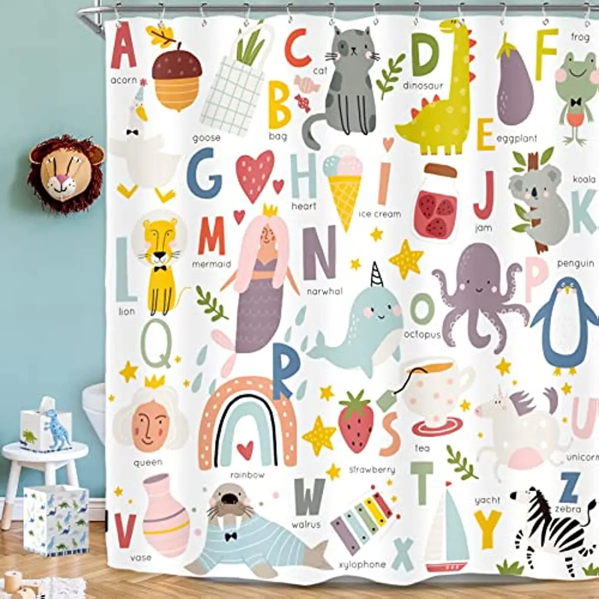 

Kids Alphabet Shower Curtains For Bathroom Decor ABC Educational Learning Tool Baby Cartoon Animals Colorful Girls Boys Printed