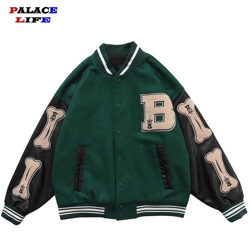 Furry Bone Patchwork Color Block Jackets Mens Hip Hop Harajuku College Style Bomber Jacket Autumn Couple Baseball Coats 3 color