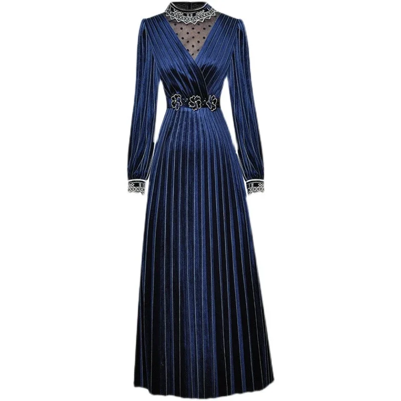 Fashion Designer Autumn Women Stand-Up Collar Embroidery Mesh High Waist Sashes Applique Solid Velvet Long Dress