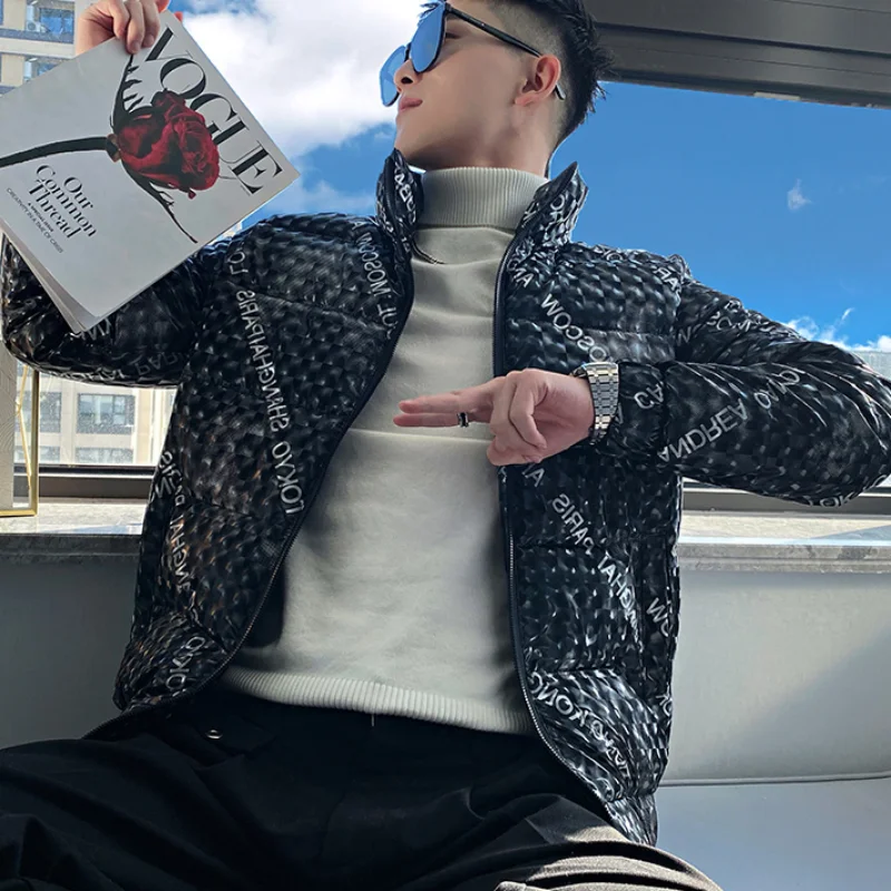 Winter Letter Print Thicken Puffer Parkas Jacket Men Stand Collar Casual Business Coat Hiphop Overcoat Streetwear Men Clothing