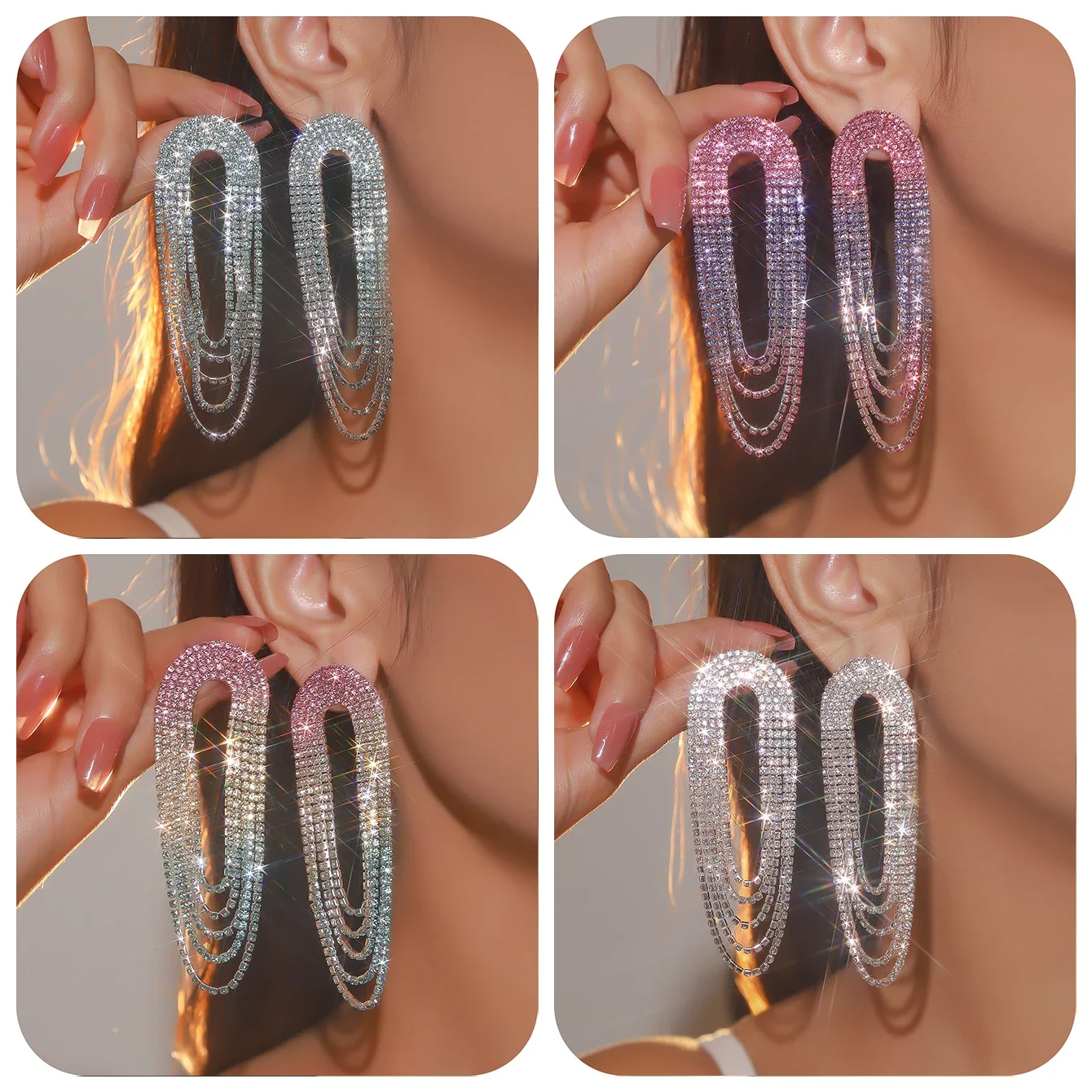 Висячие серьги со стразами для женщин длинные блестящие с кисточками и