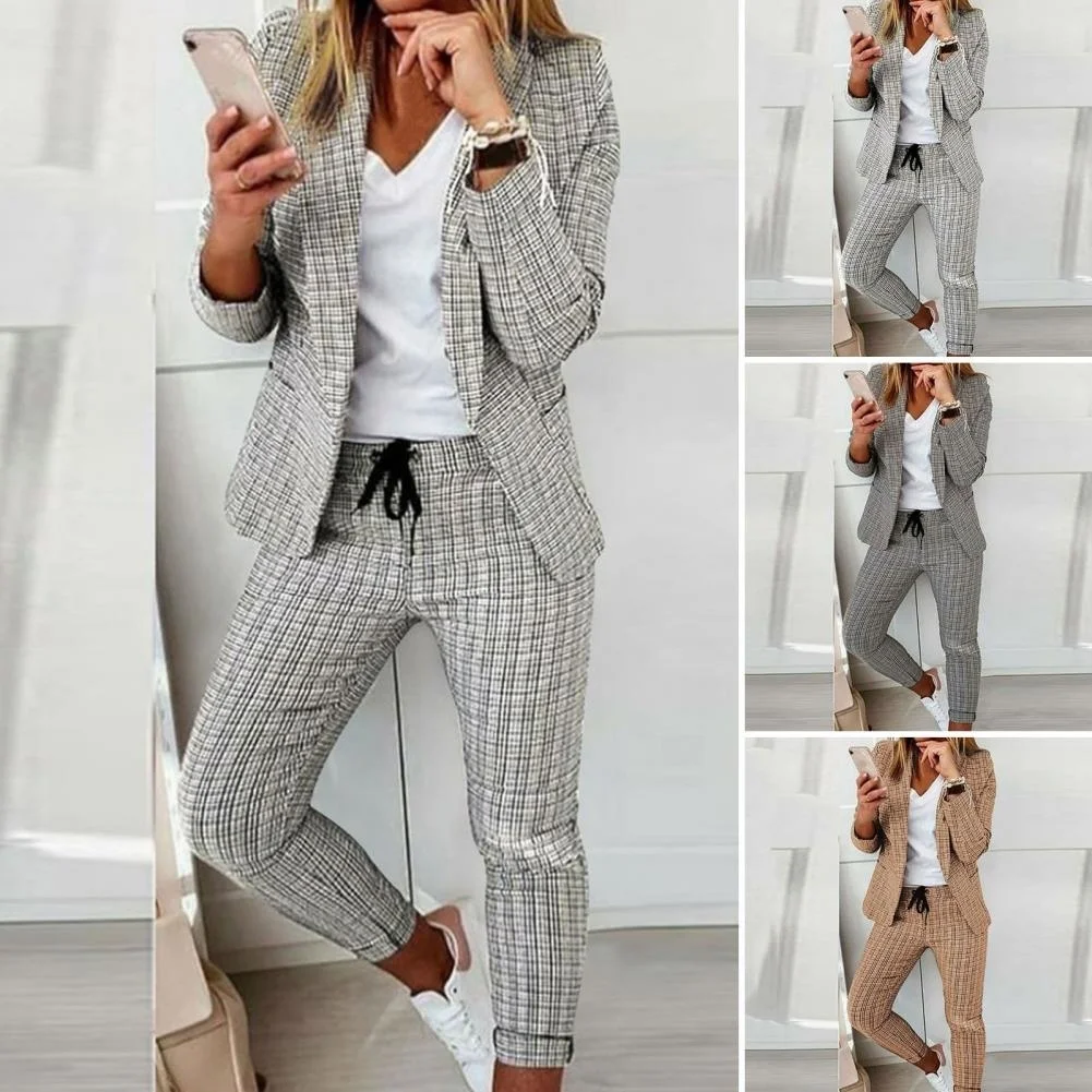 2 Pcs/Set Lady Outfit Set Trendy Two-piece Lady Jacket Trousers Suit Colors Matching Lady Outfit Set for Business Trip