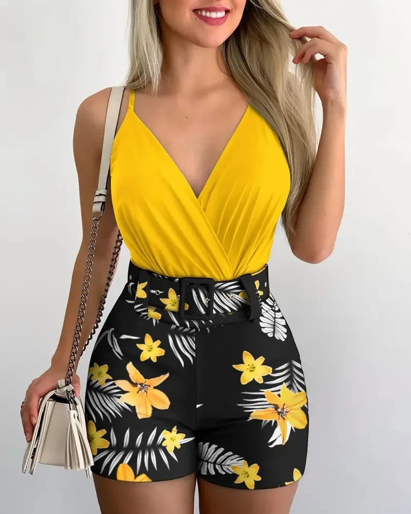 Summer Fashion Two Piece Set Women office Ladies Sleeveless Vest Top Belt Printed Shorts Pants Two Piece Suit for Women images - 6