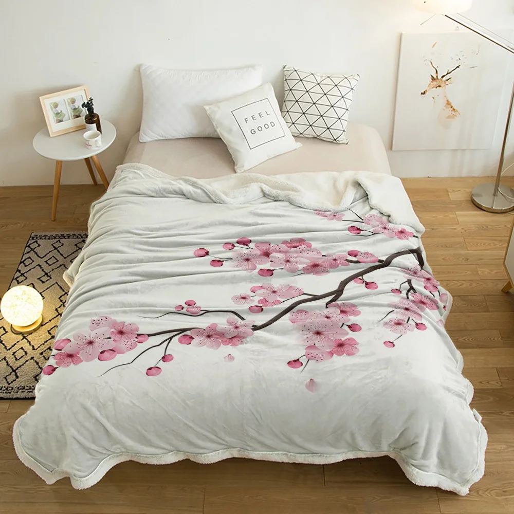 

Japanese Pink Flower Cherry Blossom White Lamb Cashmere Fleece Blanket Home Bed Sofa Winter Sherpa Bedding Kids Thick Bedspread