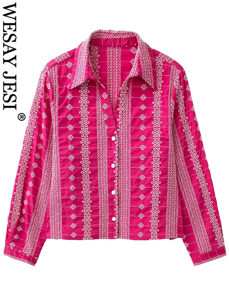 

WESAY JESI New Retro Fashion Skin Friendly Comfortable Cotton Long Sleeve Blouse Casual Striped Embroidery Design Ladies Blouse