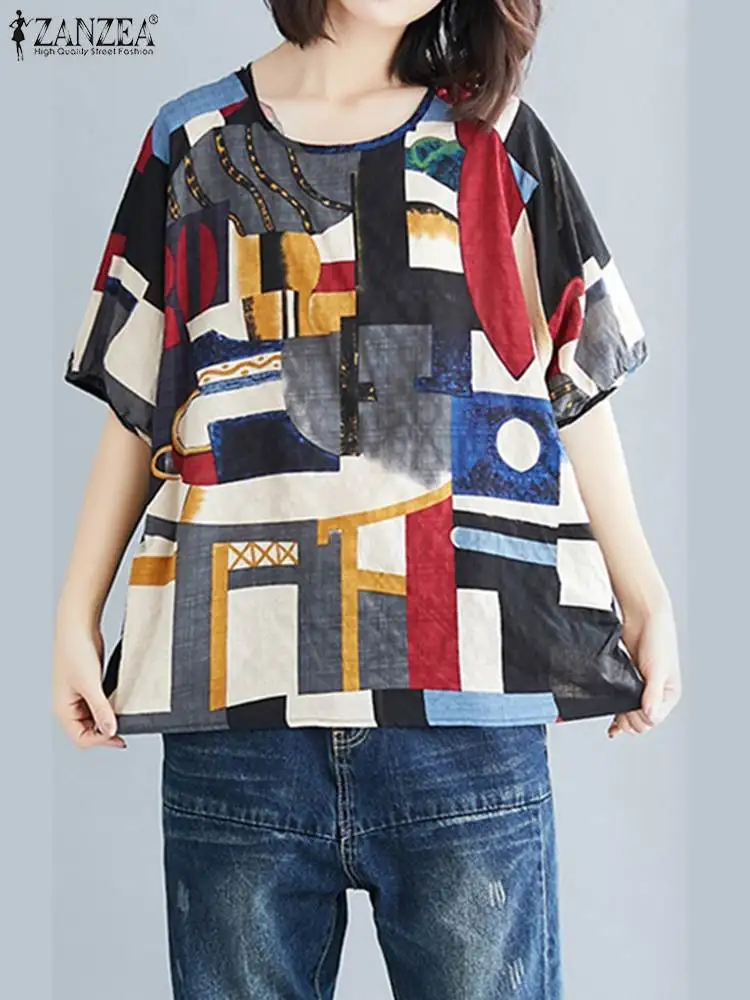 

ZANZEA Bohemian Holiday Tops Vintage Women Floral Print Blouse Summer Short Sleeve Tunic Beach Blusas Oversize Loose Shirt Mujer