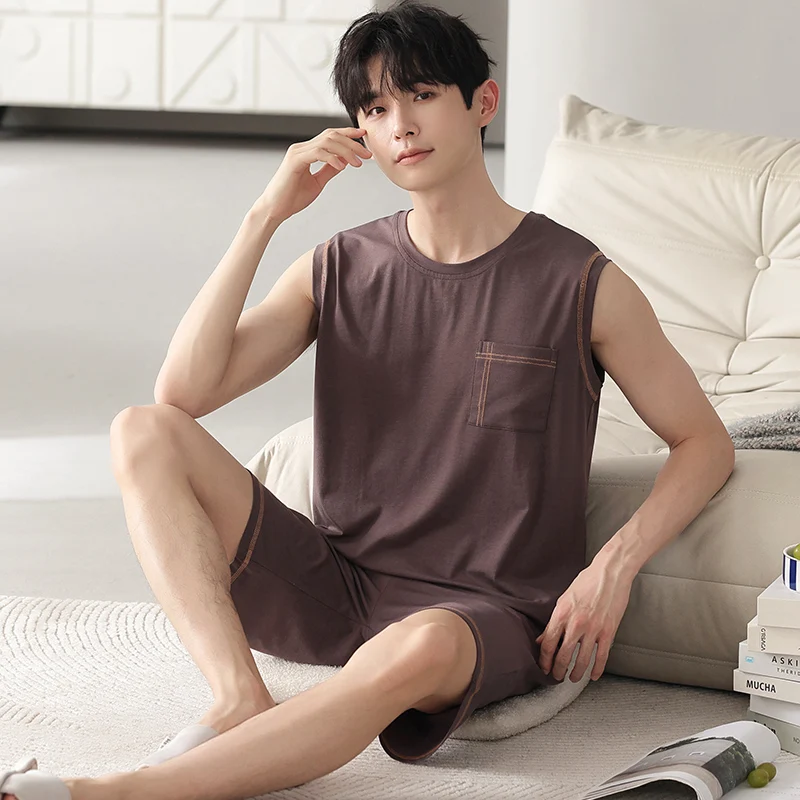CAIYIER New 2023 Summer Men Pajamas Set Vest Top Shorts Sleepwear For Male Soft Cool Nightwear Cotton Casual Home Clothes L-4XL