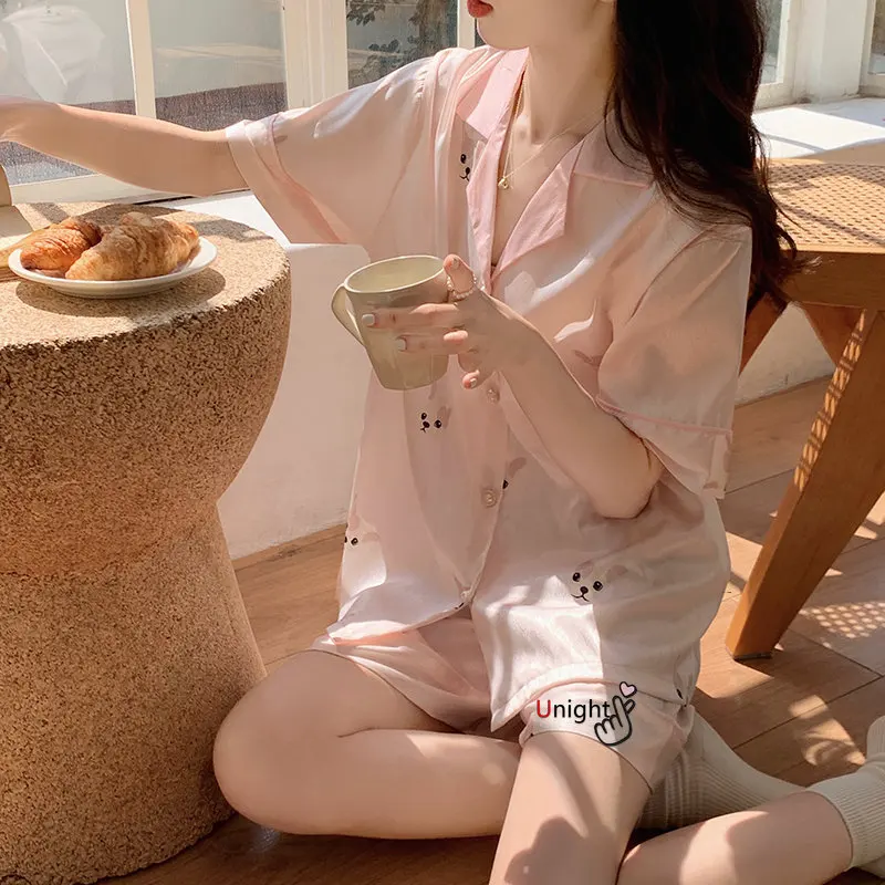 

Women's 2 Piece Pajamas Sets Pijama Set Faux Silk Satin Pyjama Female Sleepwear Short Sleeve Shirt Homewear Nightwear M-4XL