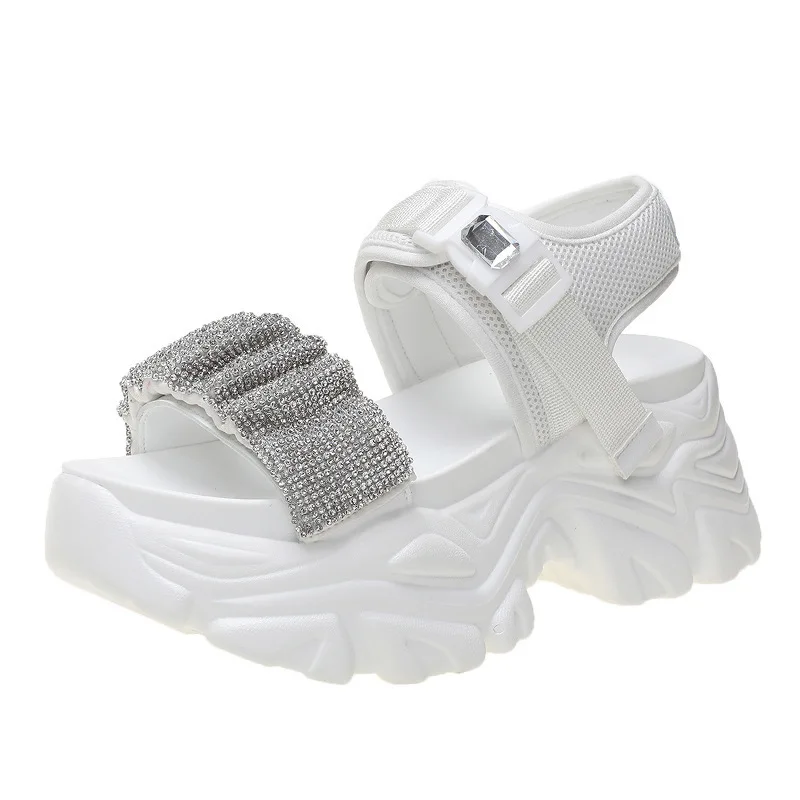 

7.5cm Platform Wedges Sandals Women Bling Bling Rhinestone Women Summer Shoes Slides Beach Shoes Leather Chunky Shoes