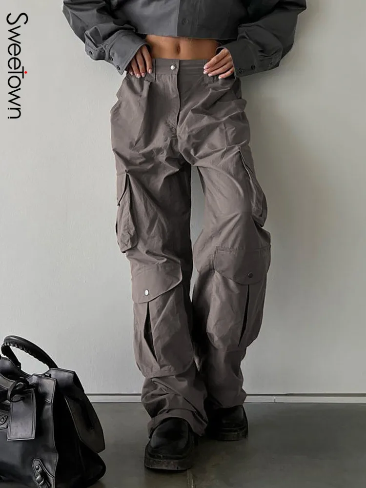 

Sweetown Retro Stitch Cargo Pants Big Pockets Vintage American Street Style Woman Low Waist Casual Straight Denim Trousers 2022