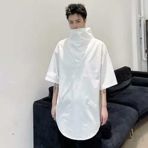 

Mens Fashion Design High Collar Short Sleeve Loose Pure Color T-shirt Casual Tee B53