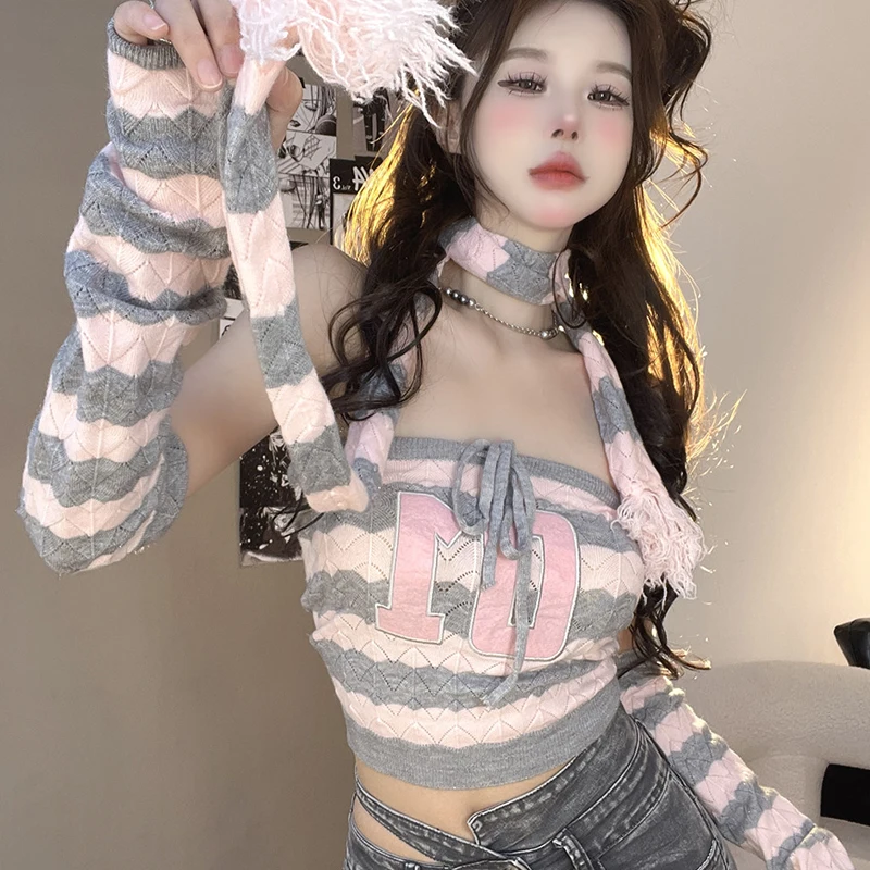

Y2K Style Girl Pink Striped Letter Sweet Bustier Sets Women Sexy Strapless With Glove Scarf 2023 Slim Casual Knitted Tube Top