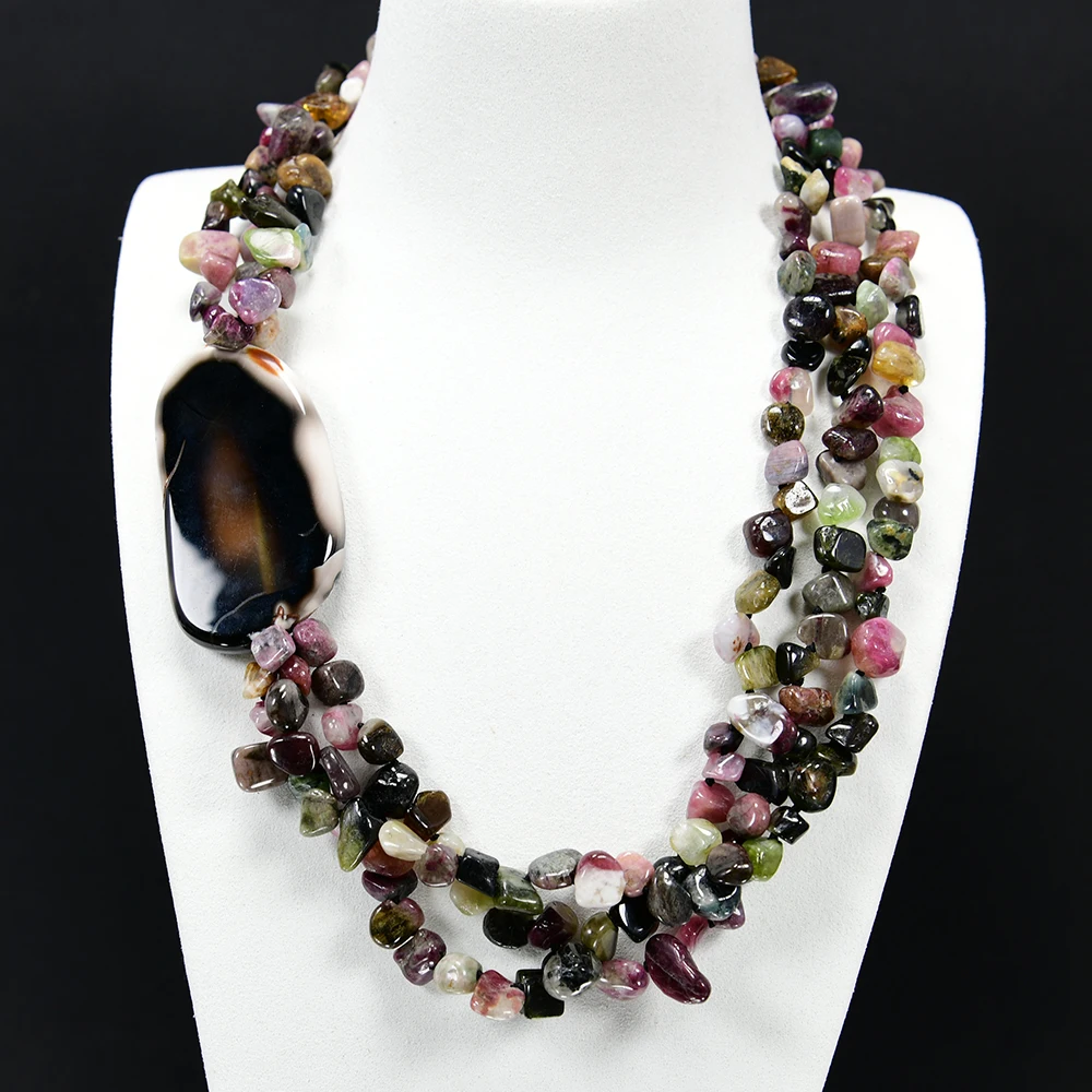 

GG Jewelry 3 Rows Top-drilled Mix Color Natural Tourmaline Agate Necklace Peandant 20'' Muti Strands Necklace Handmade Lady Gift