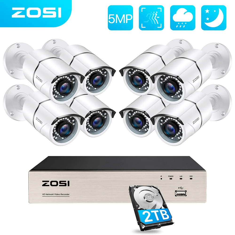 

ZOSI H.265+ 8CH 5MP POE Security Camera System Kit 8 x 5MP Super HD IP Camera Outdoor Waterproof CCTV Video Surveillance NVR Set