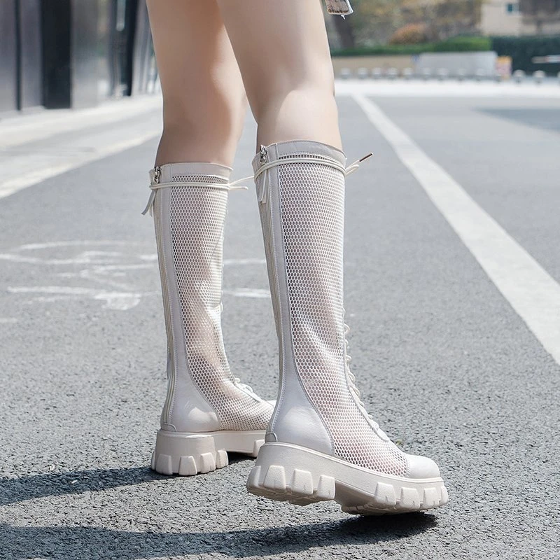 Women Knee High Boots 2023 Summer Fashion Leather Mesh Breathable Runway Shoes Ladies Lace Up Motorcycle Boots Zapatos De Mujer