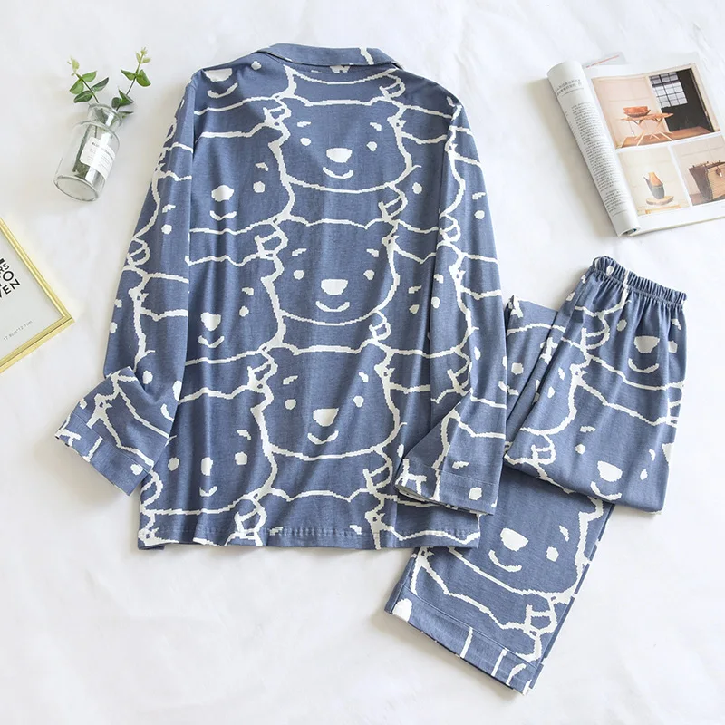 Cartoon Couple Pajamas Men Loose Clothing Sets Lady Spring Autumn Knitted Cotton Long Sleeve Cardigan Button Pijamas Women Sleep