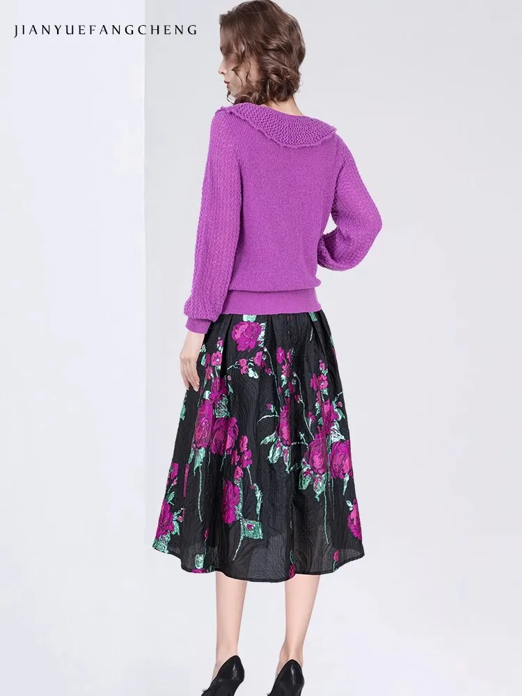 Женский трикотажный свитер с оборками Свободный пуловер фиолетового цвета