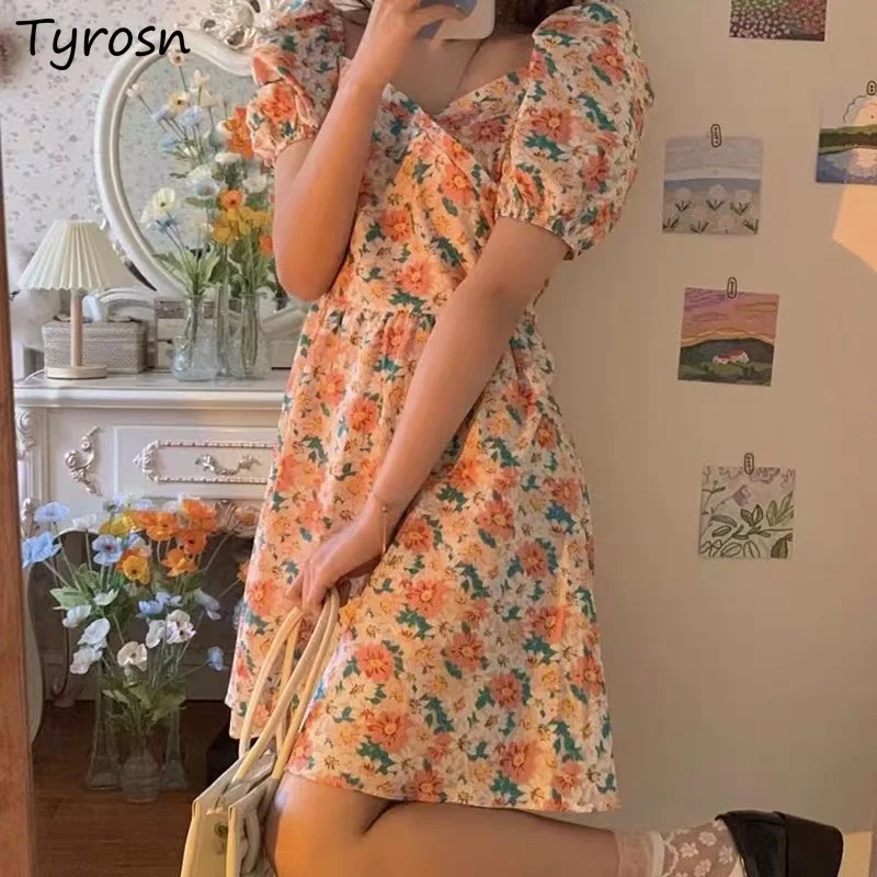 

Mini Dresses Women Prairie Chic Floral Trendy New Casual Colorful Korean Style Colleges Holiday Design Soft A-line Summer Ins