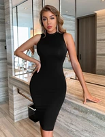 2022 women spring and summer new fashion sexy and elegant solid color round neck sleeveless knitted bag hip dress