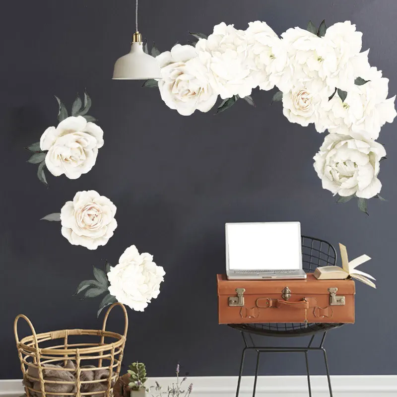 

White peony flower group wall stick TV background wall room decoration bedroom head of a corner wall painting one piece