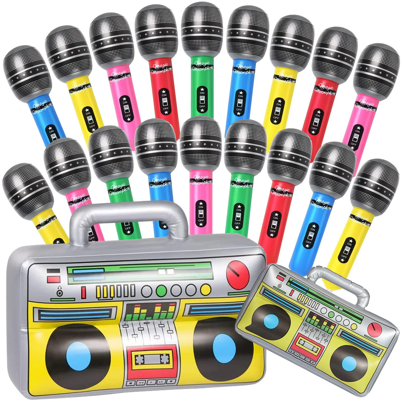 7 Pcs Inflatable Microphones Blow up Boombox 80s 90s Favors Party Decor Musical Party Props Microphone Carnival Prizes Rock Toys