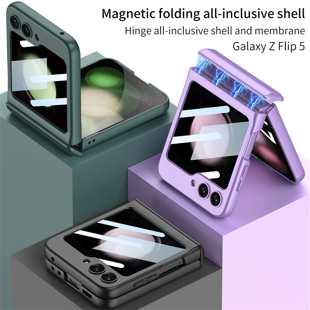 for Samsung Galaxy Flip 5 Case Flip5 4 3 Magnetic Hinge Protection Matte Hard Plastic Shockproof Cover with Screen Glass