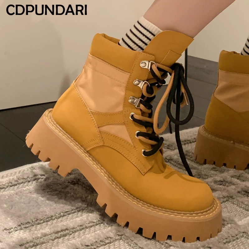 

Punk Style Genuine Leather High Heeled Platform Ankle Boots For Women Autumn Winter Martin Booties Shoes Ladies Combat Boots