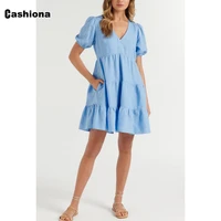 cashiona women short mini dress oversize ladies pocket design ball gown dresses 2022 summer v neck dress oversize robe femme