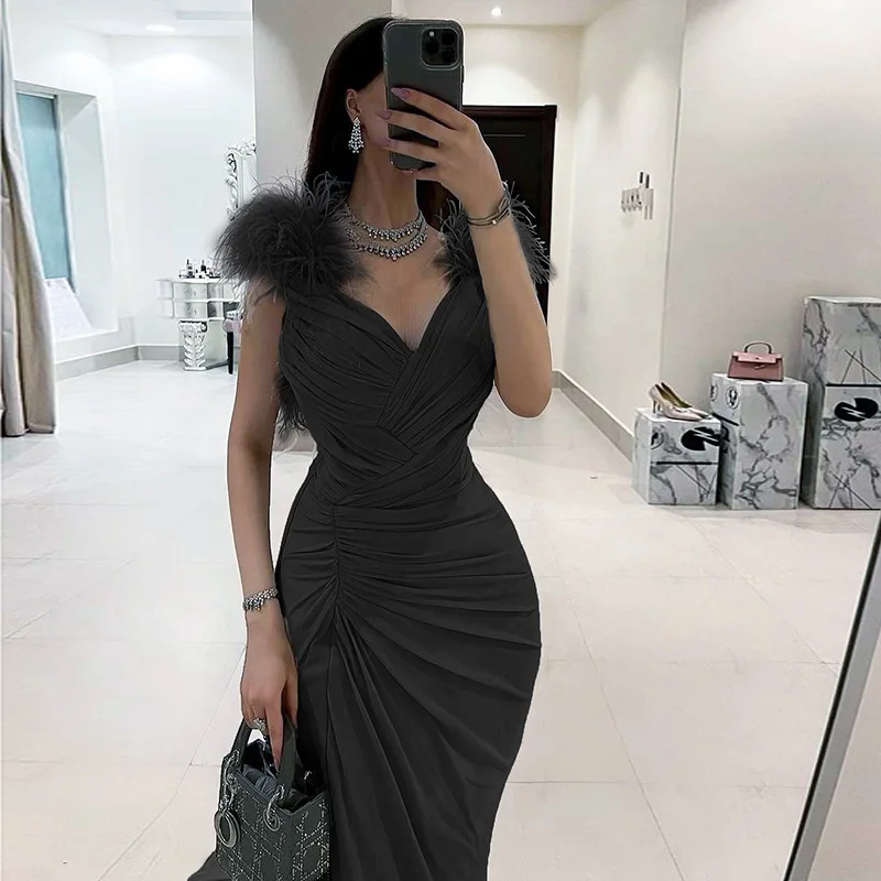 

Fashion Women's Prom Dress Nipped Waist Pleated Sling Slit Gown Long Skirt Feather Solid Sexy Backless Party Dresses for Women
