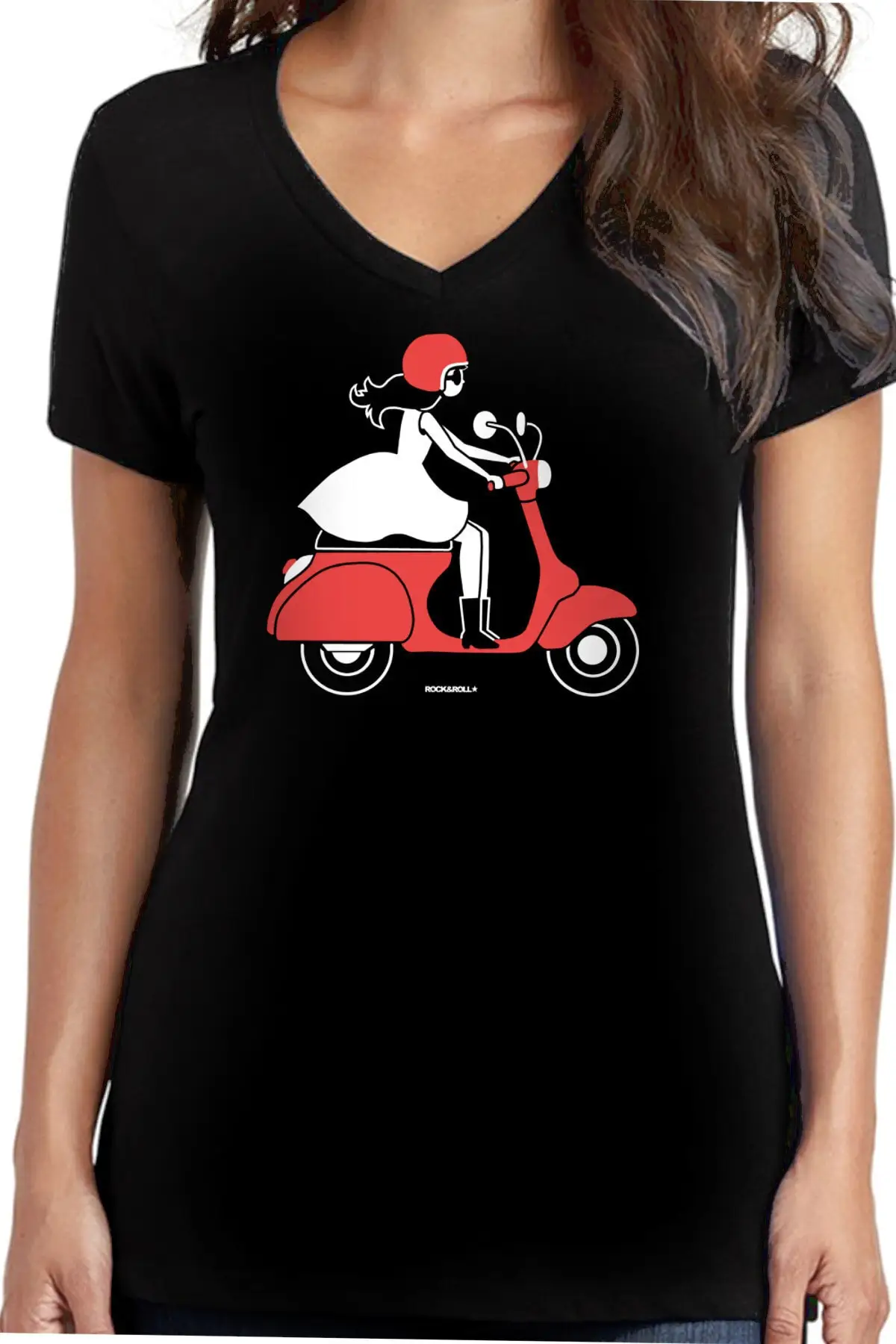 

2021 New Fashion Women's Black Vespa Girl V-neck Short Sleeve T-shirt Cotton Combed Cotton Casual Stylish gift