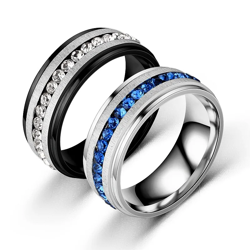 

European and American new stainless steel diamond ring black fashion jewelry single row blue diamond men's titanium steel ring
