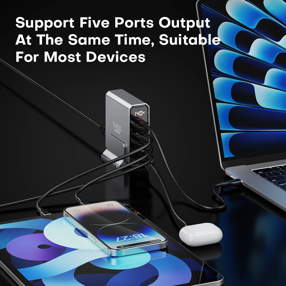 Фото 140W GaN USB зарядное устройство 5 портов Тип C PD3.0 QC Быстрая зарядка 4,0 3,0 PPS USB C быстрое зарядное устройство для IPhone 14 13 Samsung Macbook Tablet №5